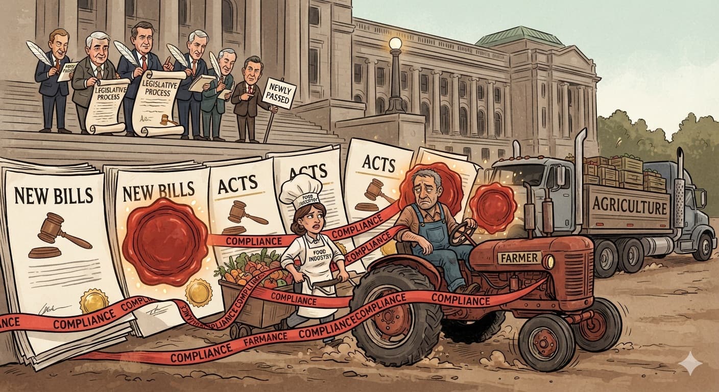 Illustration of a farmer on a tractor and a food-industry worker pulling a cart of produce, tangled in red ribbons labelled compliance, in front of giant stacks of new bills and acts while politicians read scrolls on the legislature steps.