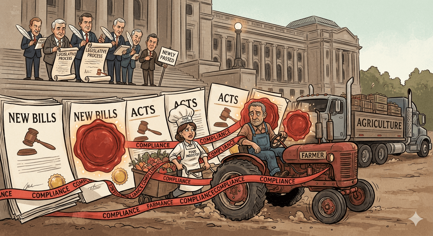 Illustration of a farmer on a tractor and a food-industry worker pulling a cart of produce, tangled in red ribbons labelled compliance, in front of giant stacks of new bills and acts while politicians read scrolls on the legislature steps.