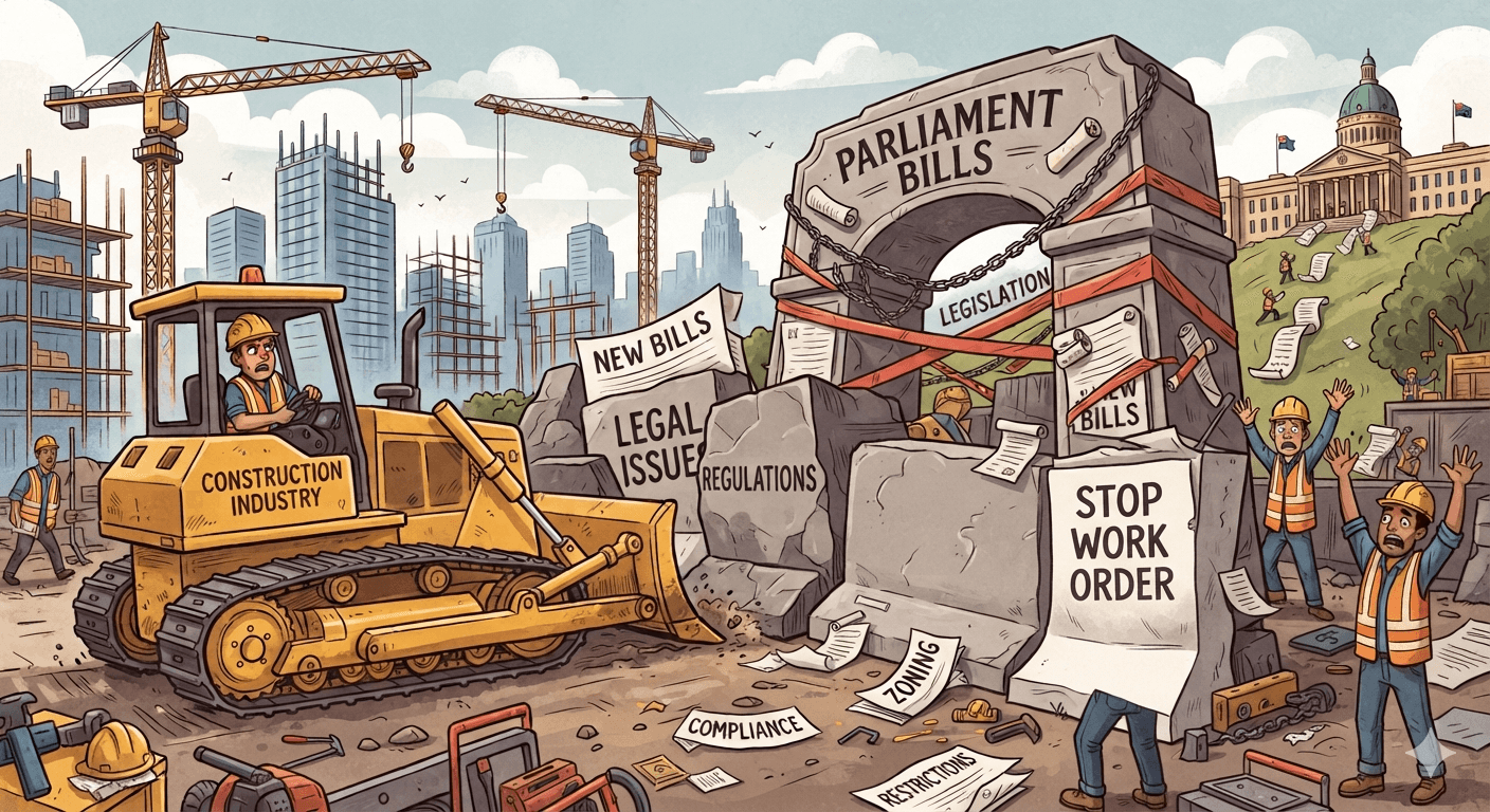 Illustration of a bulldozer labelled 'Construction Industry' halted at a stone archway labelled 'Parliament Bills' wrapped in red tape, while workers scramble under a stop-work order and falling paperwork marked zoning, compliance, and regulations.