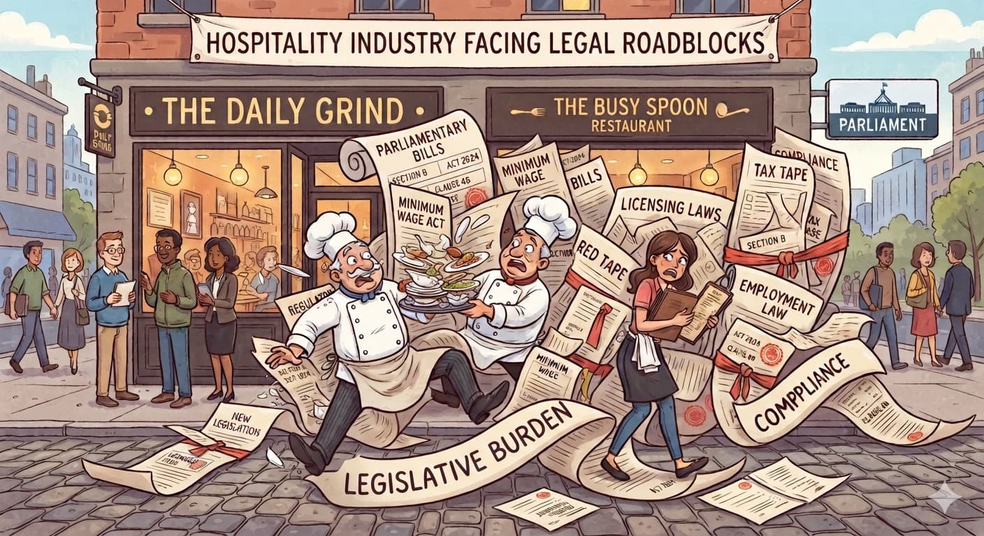 Illustration of chefs and a server outside two restaurants, tangled in giant paper scrolls labelled minimum wage act, licensing laws, employment law, and red tape, with a Parliament sign overhead.