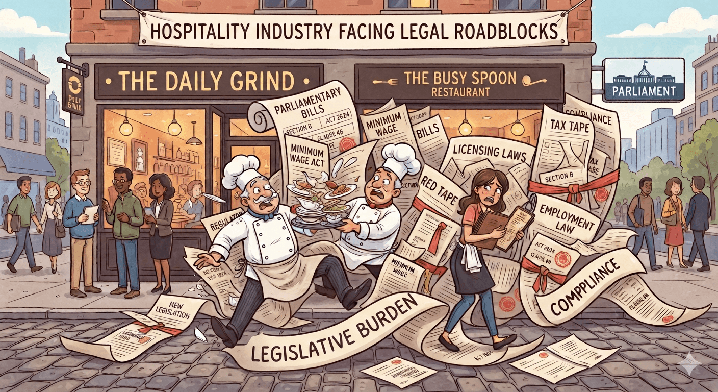 Illustration of chefs and a server outside two restaurants, tangled in giant paper scrolls labelled minimum wage act, licensing laws, employment law, and red tape, with a Parliament sign overhead.