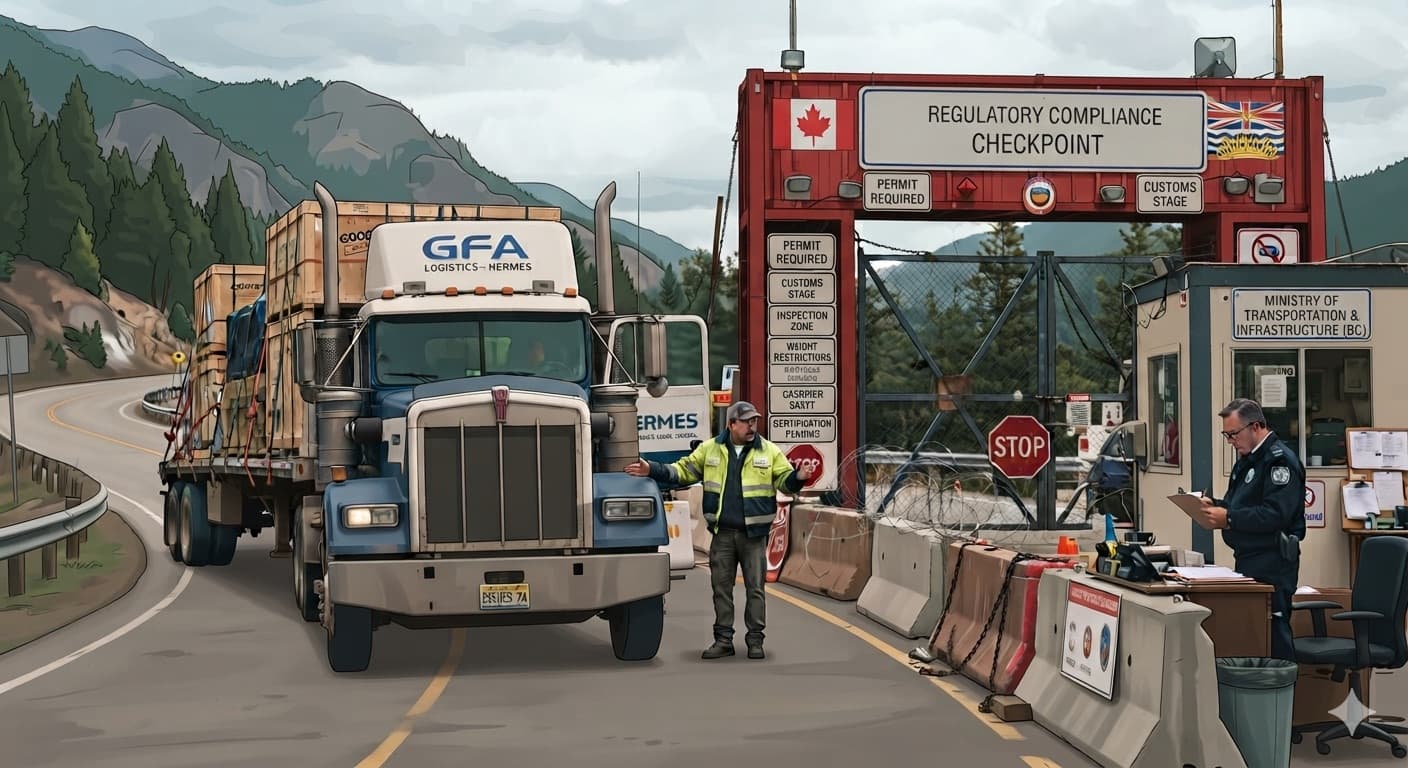 A flatbed truck stopped at a BC Ministry of Transportation regulatory compliance checkpoint in the mountains.
