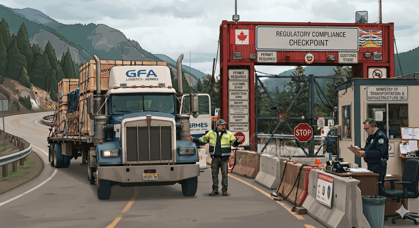 A flatbed truck stopped at a BC Ministry of Transportation regulatory compliance checkpoint in the mountains.